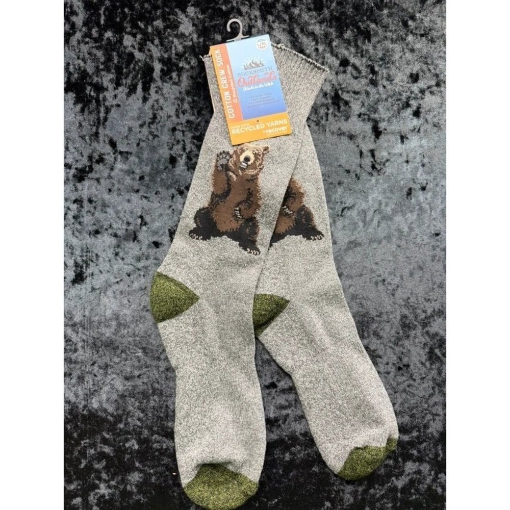 Socksmith Outlands Friendly Bear Socks L/XL Gray Recycled Cotton USA NWT
